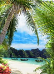 Фреска тропический пляж и пальма с лодками