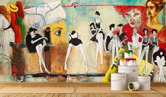 Pictura murală modernă strălucitoare, fete în pălării