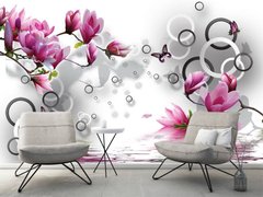 Ramuri de magnolie roz și fluturi deasupra apei