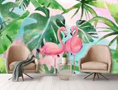 Пара розовых фламинго на фоне зеленых листьев тропических растений