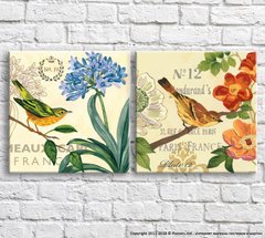 Птицы и разноцветные цветы на фоне текста, диптих