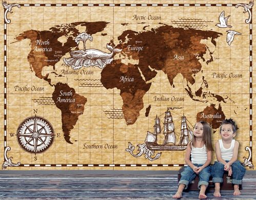 Винтажная абстрактная карта с кораблем, китом и компасом