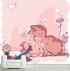Розовая кошка и котенок на фоне цветов и сердечек