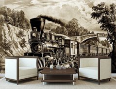 Tren retro cu o locomotivă cu abur pe fundalul unui peisaj natural