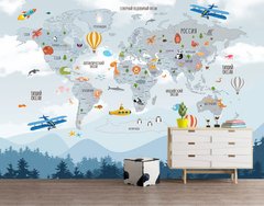 Harta lumii pentru copii cu animale și avioane