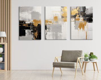 Triptih, abstracție gri și negru și auriu pe un fundal deschis