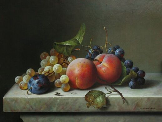 Still life with peaches plums and black and white grapes