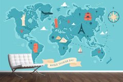 Harta lumii cu obiective turistice pe un fundal turcoaz