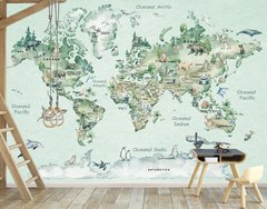 Карта мира на румынском языке, животные акварель, зеленая