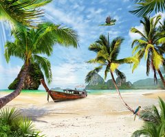 Fresco plajă cu palmieri, barcă și papagal
