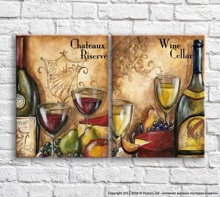 Красное и белое вина на фоне фруктов, натюрморт, диптих