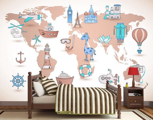 Harta abstracta a lumii cu diferite obiecte turistice pe un fundal purat