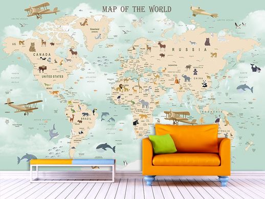 Детская карта мира с животными и самолетами на светлом зеленом фоне