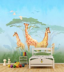 Girafele în savana pe un fundal de cer albastru