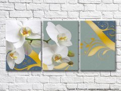 Orhidee albă și modele aurii pe fundal albastru