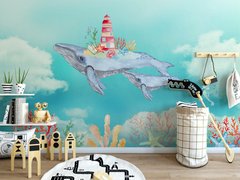 Фантазийный рисунок, киты на фоне неба, акварель
