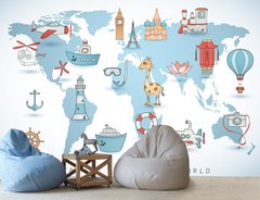 Harta lumii abstracta pentru copii cu diferite obiecte turistice