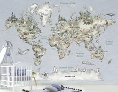 Карта мира на румынском языке, животные акварель, серая