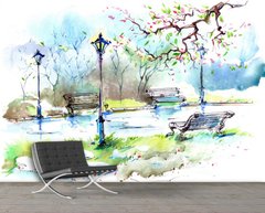 Парковая аллея со скамейками и фонарями весенний пейзаж