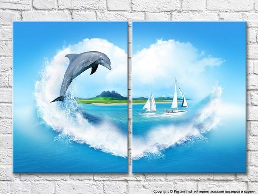 Дельфин и парусники в море