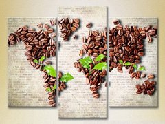 Triptic Harta lumii realizată din boabe de cafea