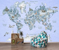 Карта мира на румынском языке, животные акварель, синяя