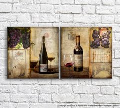 Бутылка вина, бочки и виноград в винтажном стиле, диптих