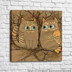 Кошка и сова на ветке дерева