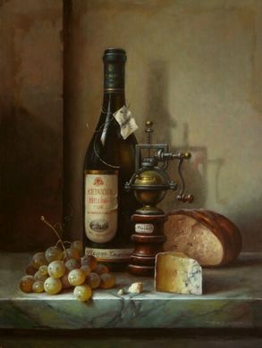 Still life with riesling cheese and grapes