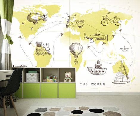Детская абстрактная карта мира с транспортными средствами