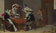 Doi bărbați joacă table, o femeie înscrie.