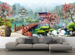 Японский пейзаж, пагоды на озере и цветы сакуры