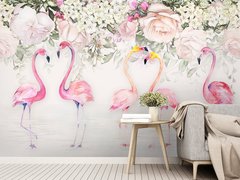 Пять розовых фламинго на цветочном фоне