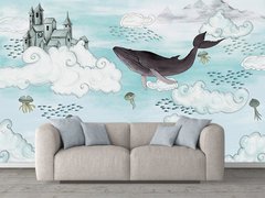 Замок и кит в облаках на бирюзовом фоне воды