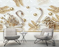 Фотообои 3Д серебрянные лебеди и золотистые ветки на светлом фоне