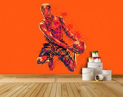 Баскетболист с мячом на оранжевом фоне, графика