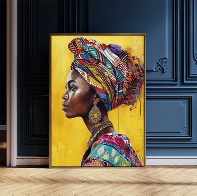Portret luminos al unei femei africane &icirc;n haine naționale pe un fundal galben, 80x120 cm