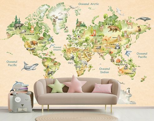 Карта мира на румынском языке, животные акварель, яркая бежевая