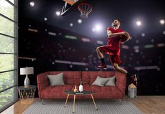 Баскетболист с мячом, на фоне трибун, спорт