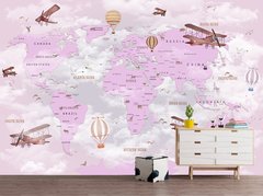 Детская карта мира на розовом фоне неба с летательными аппаратами