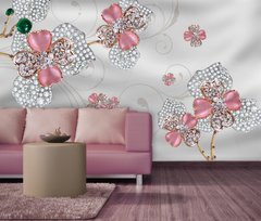 Фотообои 3Д, розовые цветы из драгоценных камней на фоне белого шелка