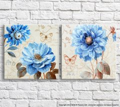Голубые цветы и бабочки маслом на бежевом фоне, винтаж, диптих