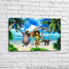 Герой мультфильма Мадагаскар на фоне моря и пальм