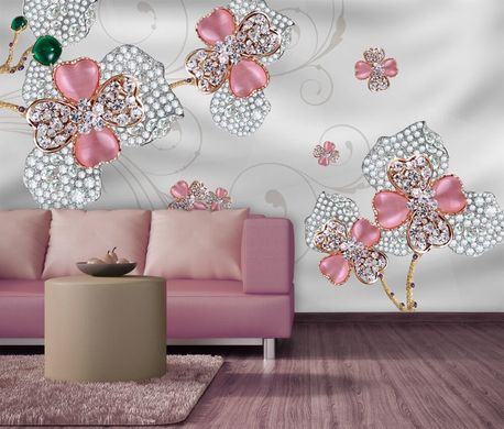 Tapet foto 3D, flori roz din pietre prețioase pe un fundal alb de mătase