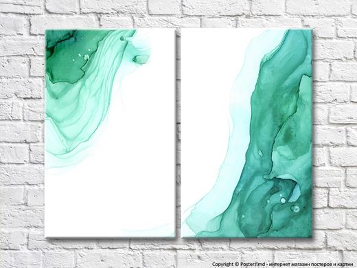 Абстракция с зелеными разводами на белом фоне, диптих