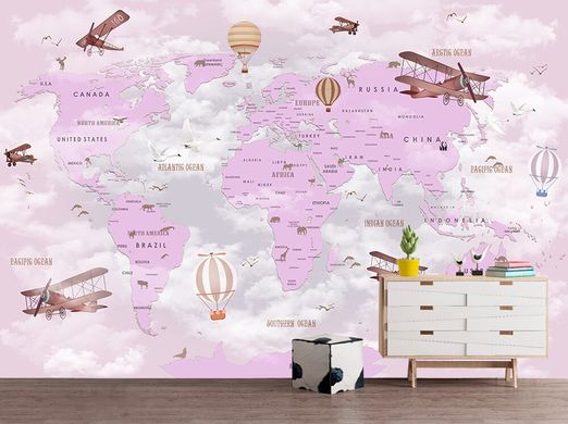 Harta lumii pentru copii pe un fundal roz cu masini zburatoare