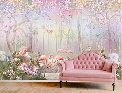 Сказочный цветущий лес с фламинго и бабочками