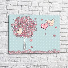 Розовые птицы и дерево из сердечек на голубом фоне