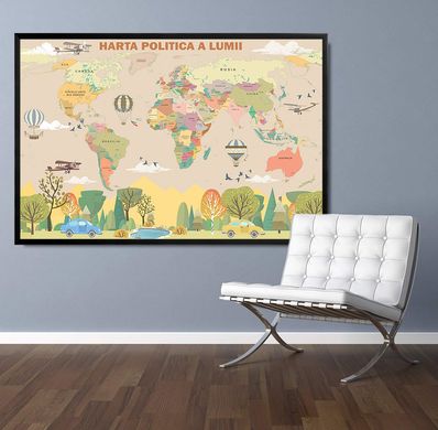 Harta politica a lumii cu avioane si automobile, p u copii, bej