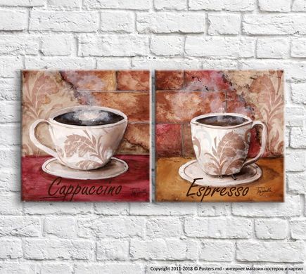 Чашка горячего кофе на фоне кирпичной стены, диптих